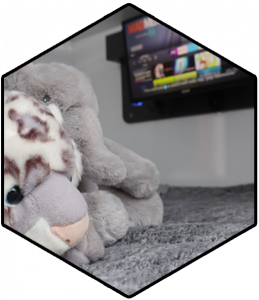 Image of TV on wall and teddies on bed